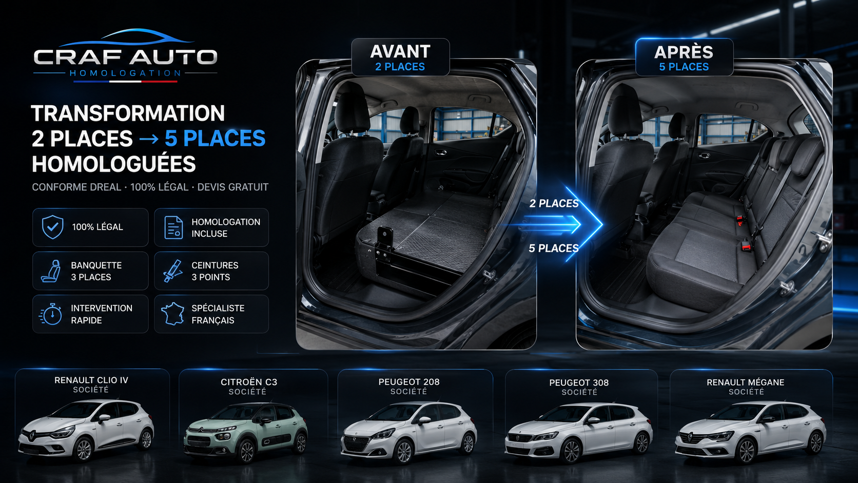 CRAF AUTO – Transformation 2 places en 5 places homologuée : avant/après, logos, badges de certification
