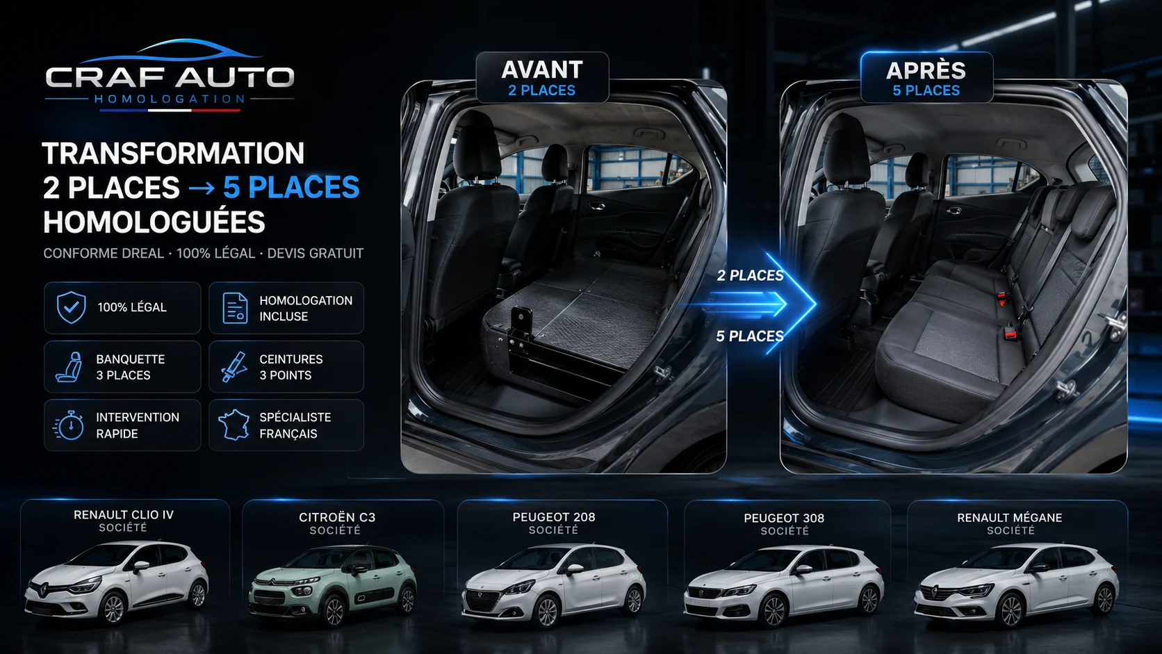 Transformation 2 places en 5 places homologuée CRAF AUTO – vue en atelier